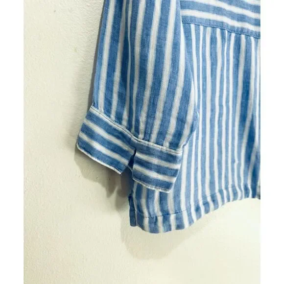 Sigrid Olsen 100% linen crop button up shirt blue stripe coastal beach women L - Picture 4 of 7